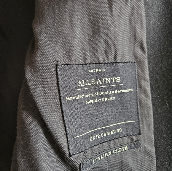 All Saints Black Wool Leather Sleeve Drape Cowl Neck Swoop Jacket 8 U.S. UK 12 - Picture 4 of 8